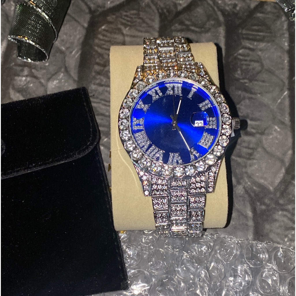 Mens Encrusted White Gold Gp Quazar Blue Date New !!!